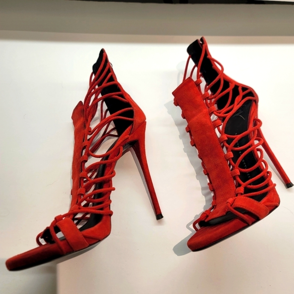 Giuseppe Zanotti Red Strappy Suede Stiletto Heels - Picture 6 of 14
